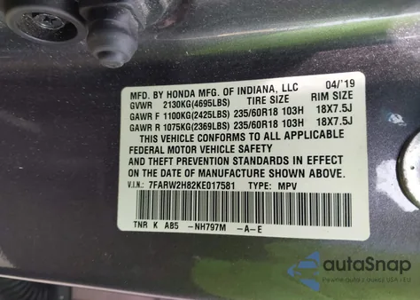 2019 Honda Cr-V Ex-L из США, поврежденный, VIN 7FARW2H82KE017581